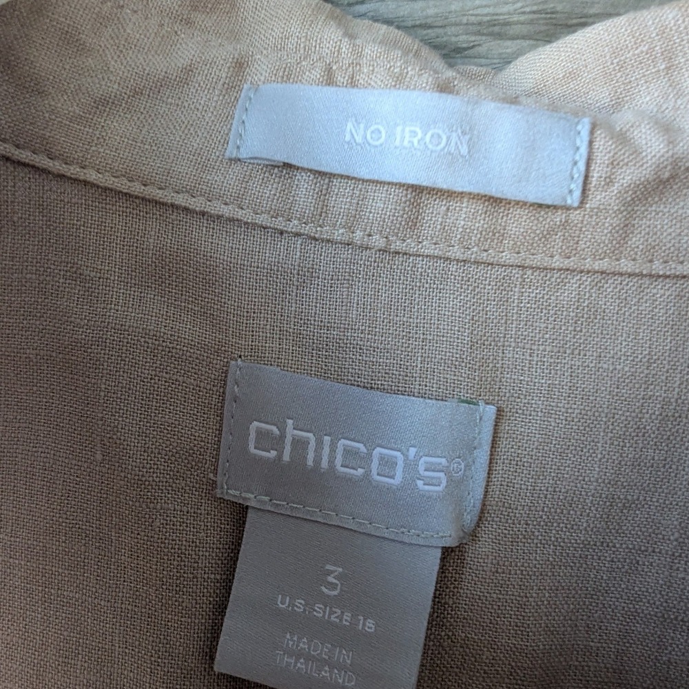 Chico's Linen Tunic Top Tan No Iron Button Up 3/4 Sleeve Sz 3 (16) Quiet Luxury - Picture 8 of 10